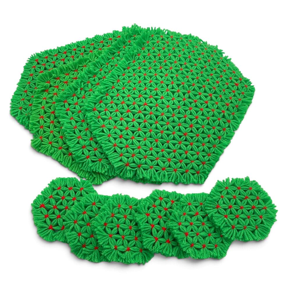 Vintage 10pc Christmas Needlepoint Placemat Coaster Set Green Red Handmade